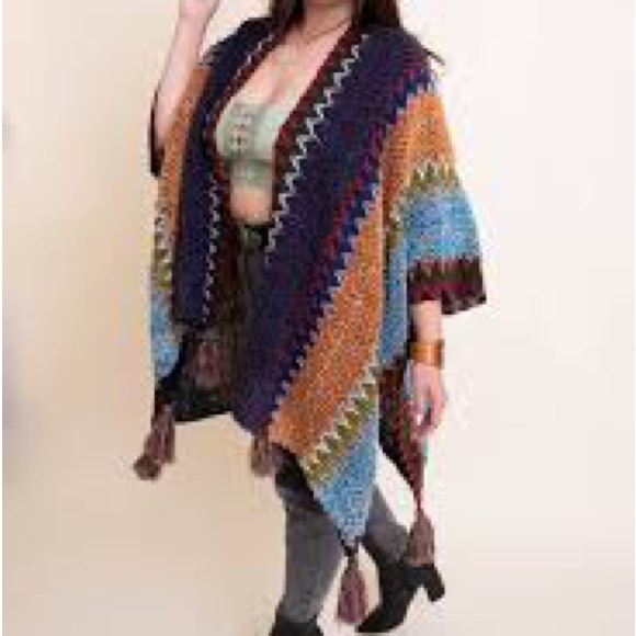 Colorful Crochet Patterned Ruana in Indigo - Picture 12 of 14